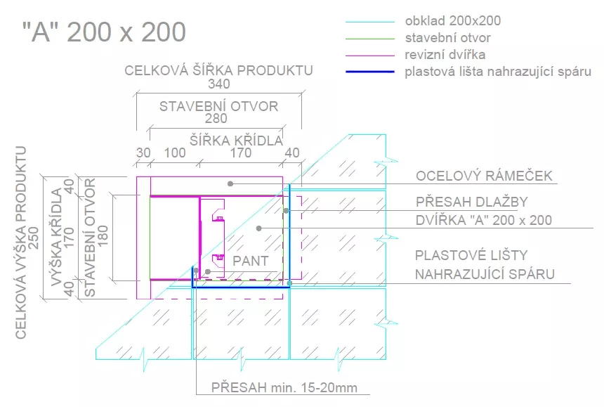 Voděodolná revizní dvířka pod obklad 200x200